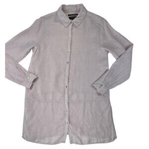 Tahari 100% Linen Button Down Tunic Shirt Women S Purple Lightweight Long Sleeve